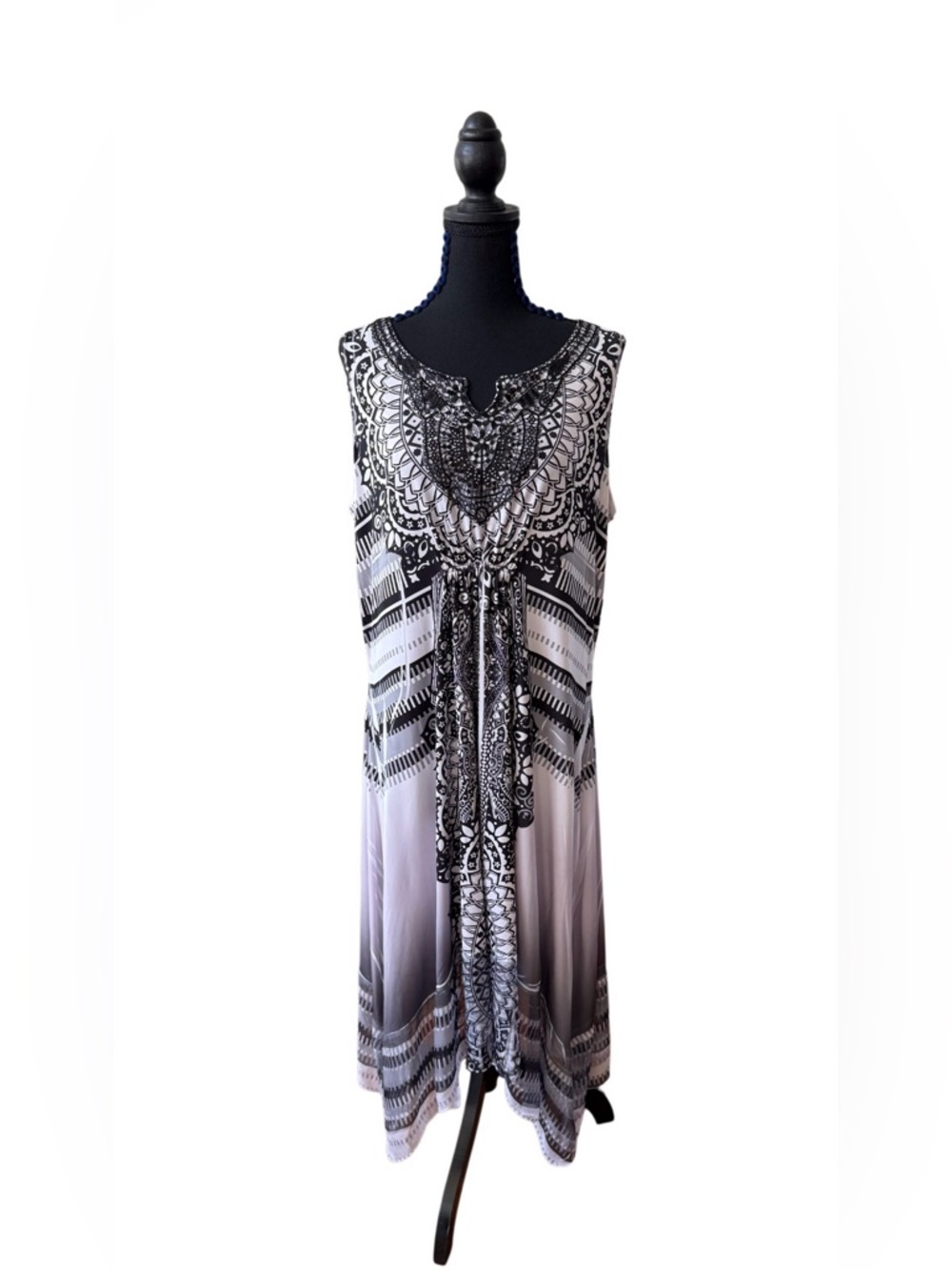 World Unity: Black & White Printed Sleeveless Maxi Dress with Ornate Neckline